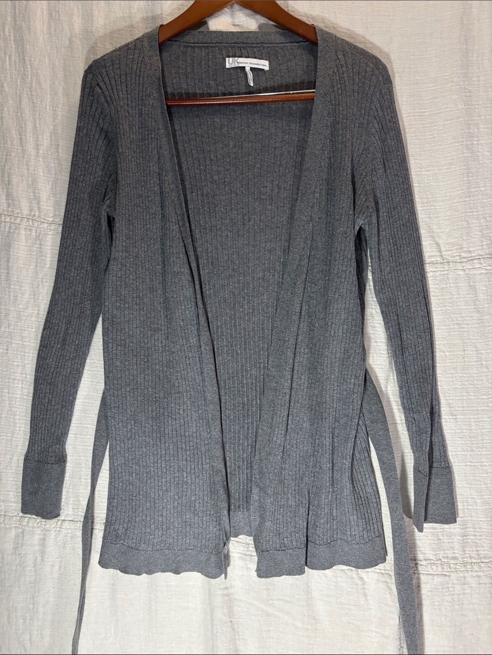 French Connection Gray Ribbed Open-Front Cardigan with Belt 100% Cotton
